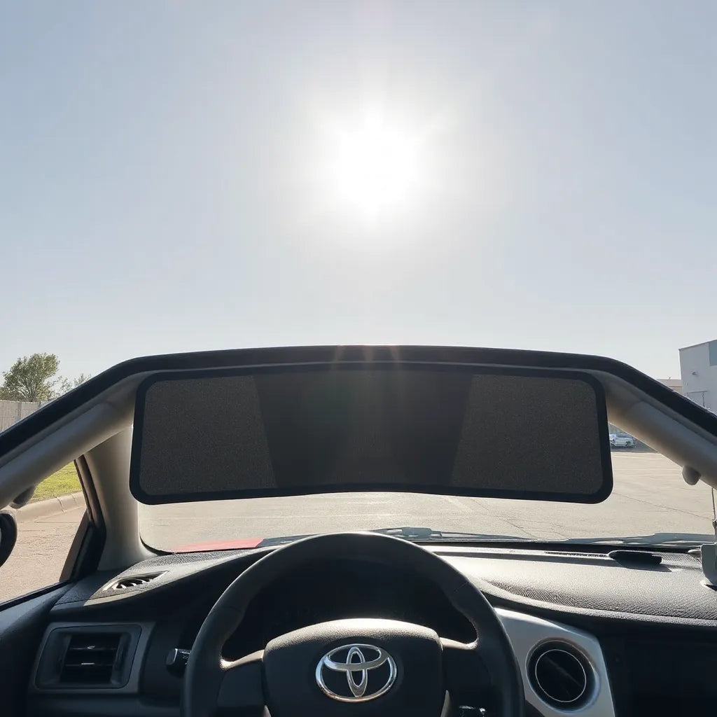 Toyota windshield covered with a UV sunshade blocking heat and sunlight.