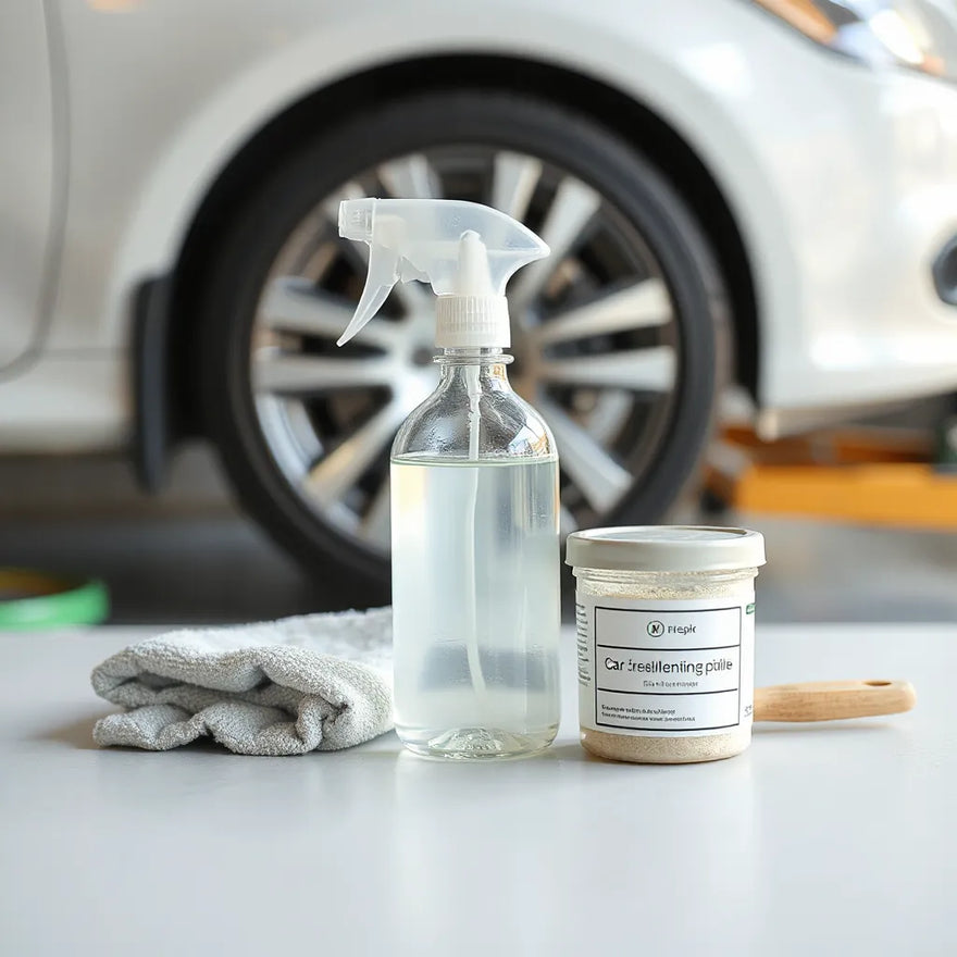 Eco-friendly car cleaning supplies set with spray bottle, microfiber cloth, and brush on a garage bench