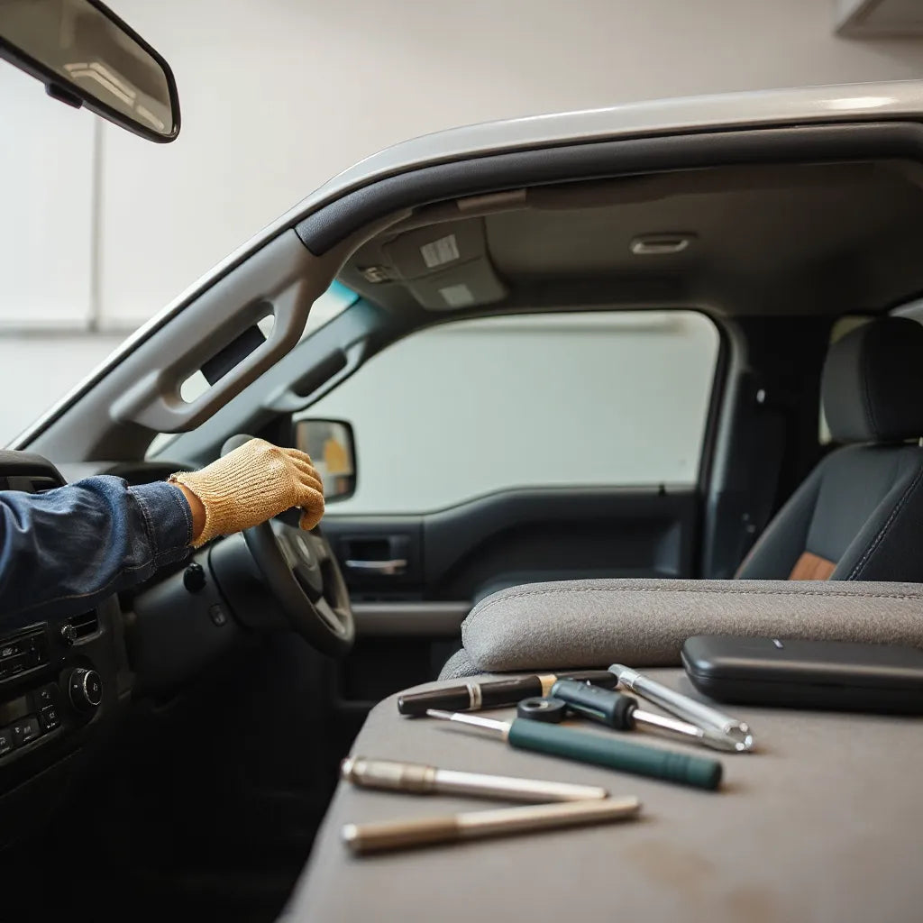 Gloved hands aligning vehicle trim in a clean workshop with tools and custom materials nearby