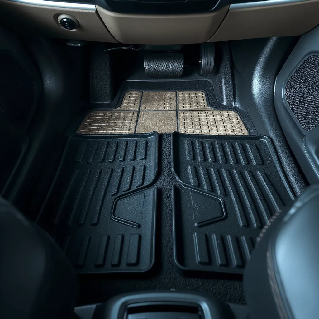 All-weather car mats with raised edges installed on front footwells