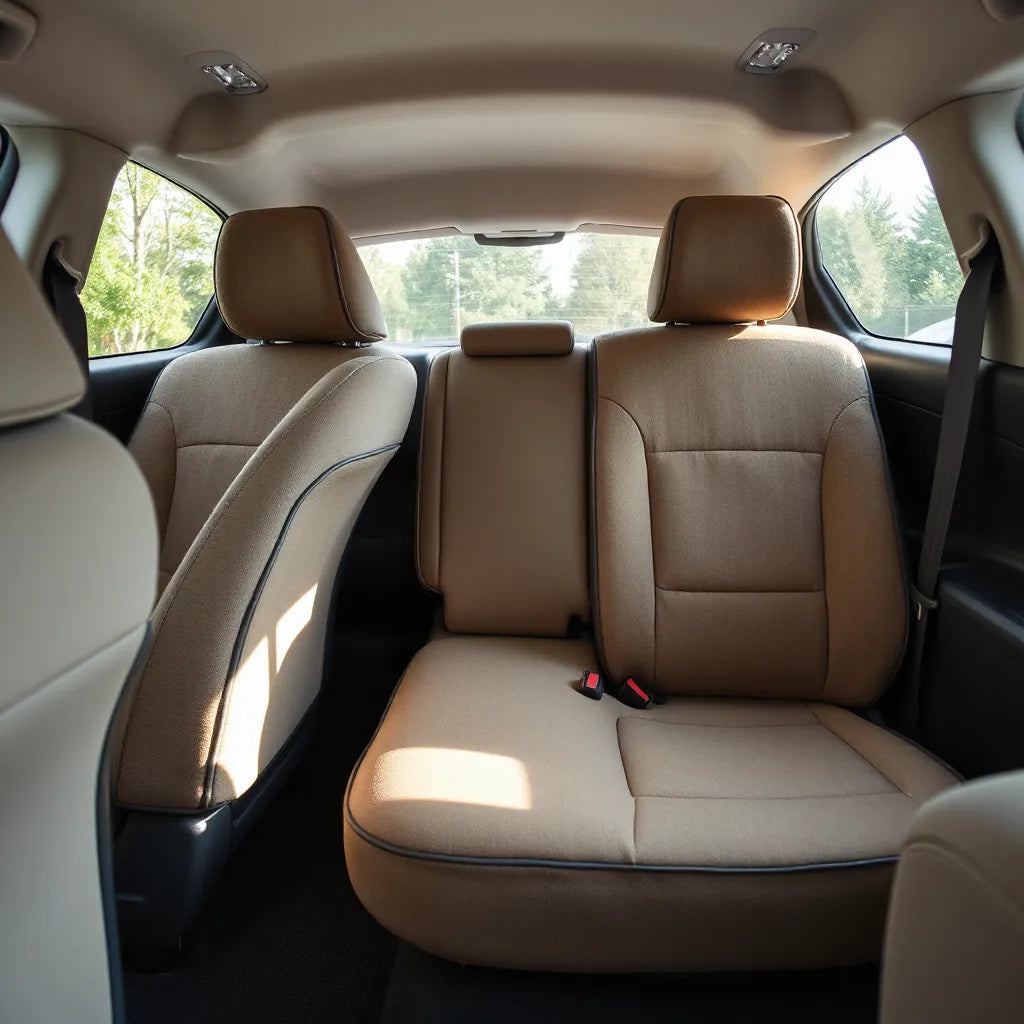 Car interior with universal seat covers fitted snugly over front and rear seats for comfort and protection