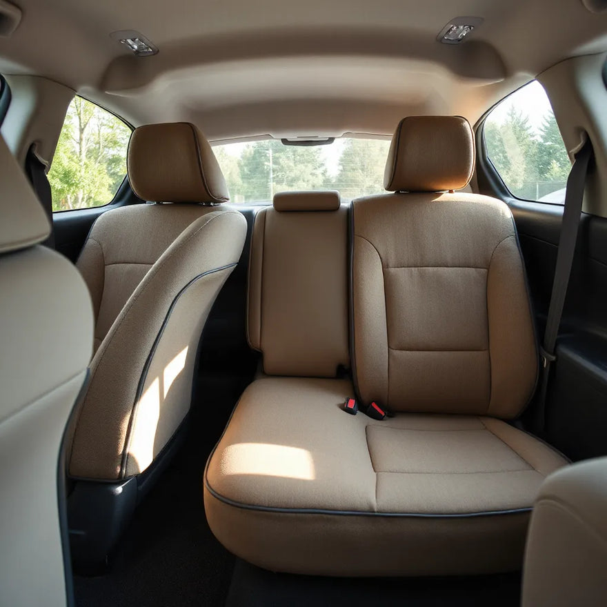 Car interior with universal seat covers fitted snugly over front and rear seats for comfort and protection