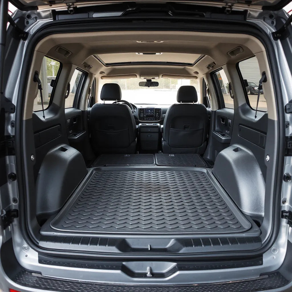Custom-fit premium floor mat installed in a Toyota van cargo area with clean, textured surface and aligned edges