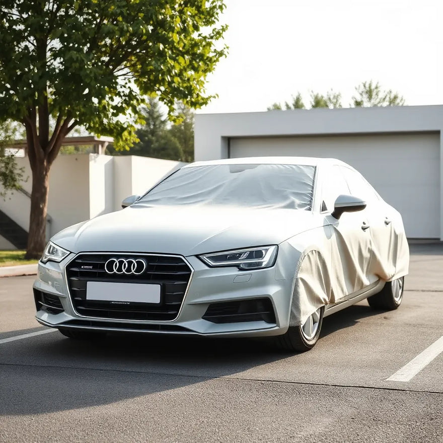 Tailored outdoor car cover fitted over an Audi parked outdoors in daylight