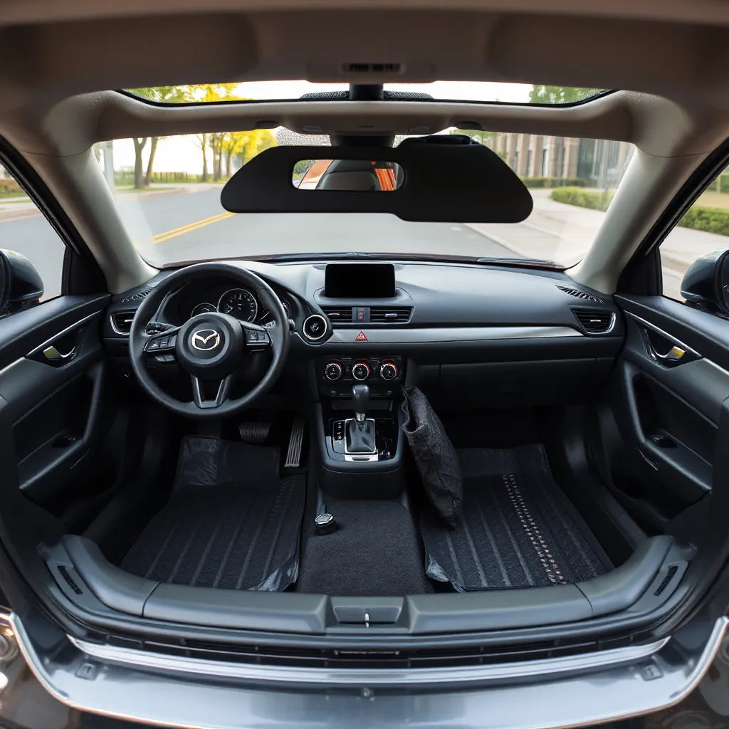 Modern Mazda interior and cargo area featuring comfort and protection accessories like floor mats and a cargo liner