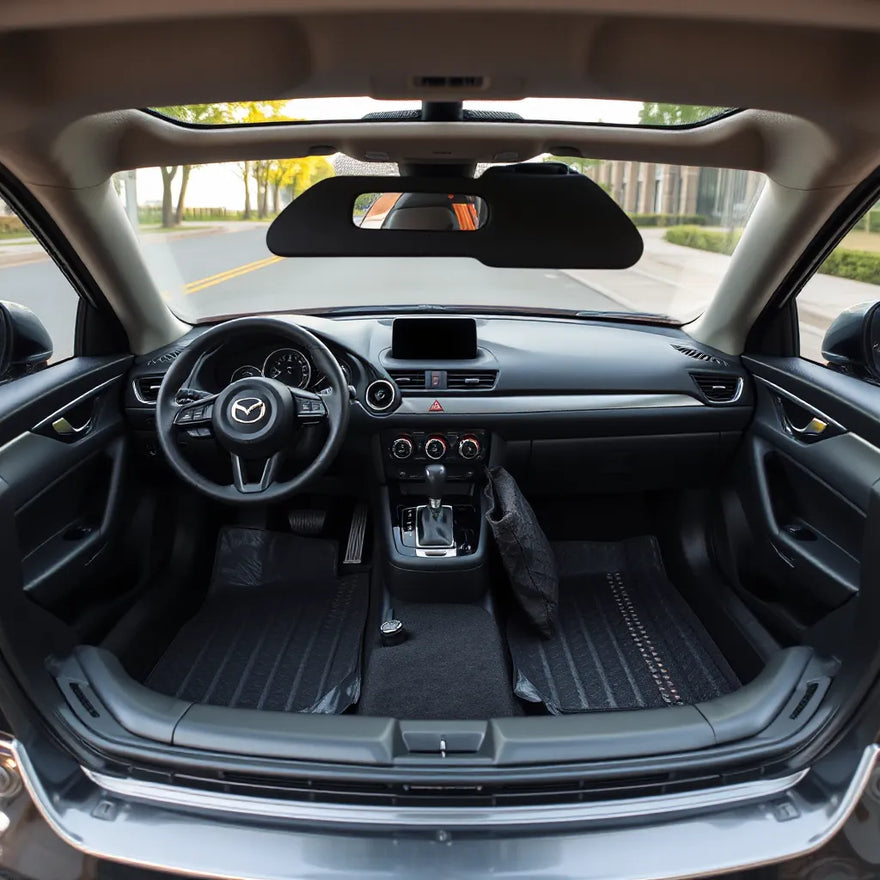 Modern Mazda interior and cargo area featuring comfort and protection accessories like floor mats and a cargo liner