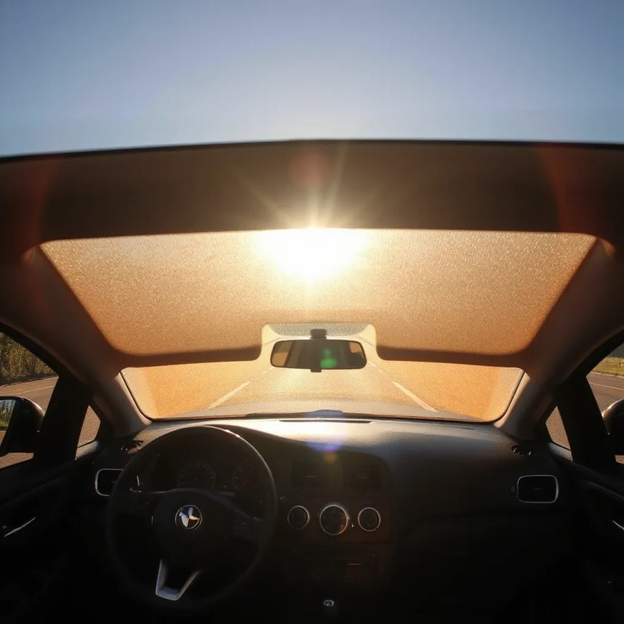 Car interior shaded from strong sunlight with heat reflective sunshade on the windshield