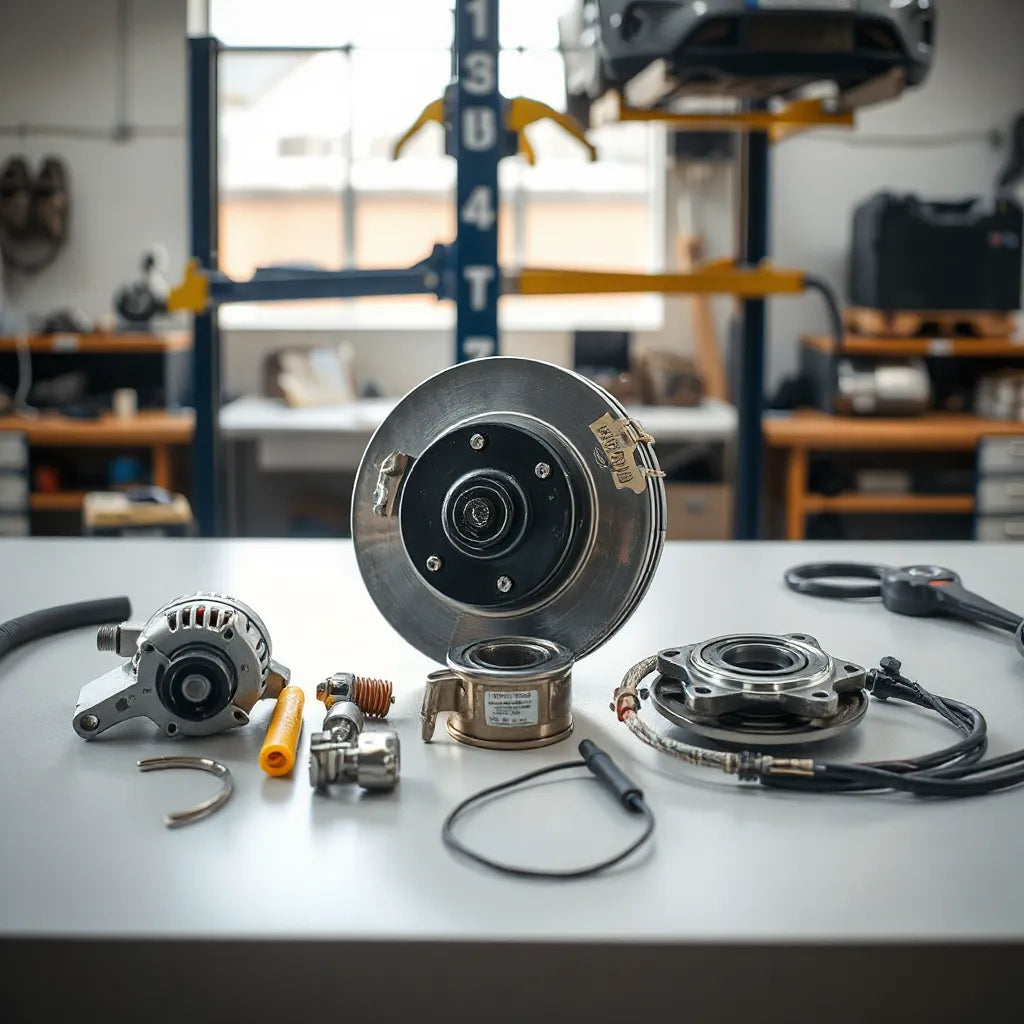 Assorted automotive replacement parts laid neatly on a workbench in a clean garage