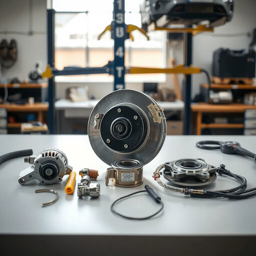 Assorted automotive replacement parts laid neatly on a workbench in a clean garage