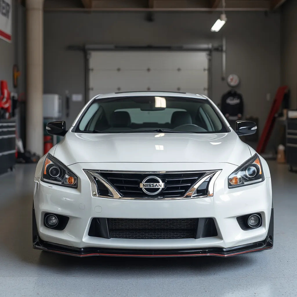 Nissan car in a clean workshop with visible performance upgrade components like wheels and brakes