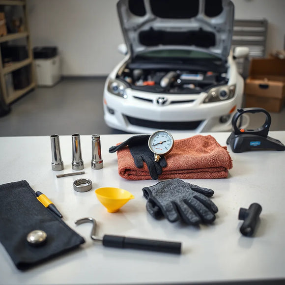 Assorted vehicle maintenance tools arranged on a garage workbench beside a car with the hood open