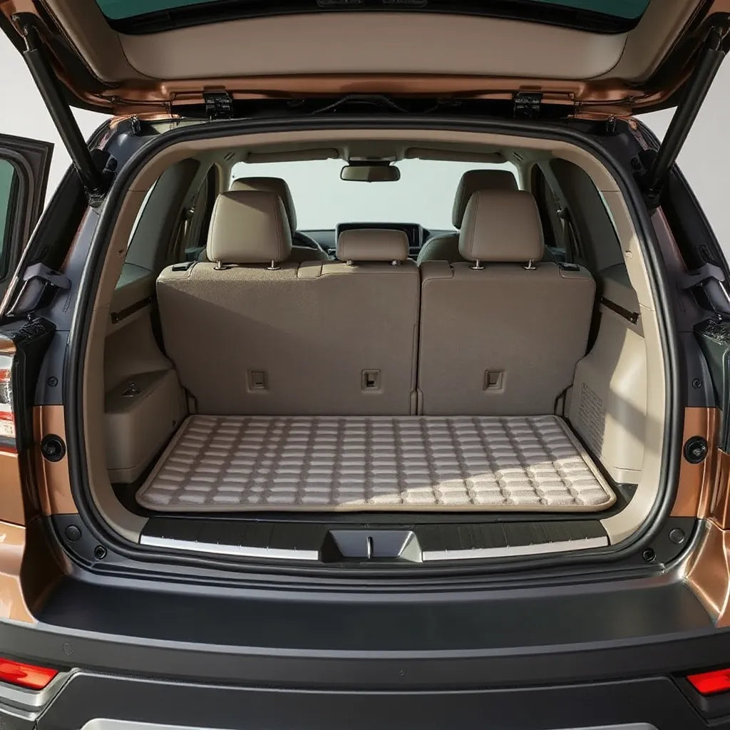 Rear cargo area with a protective mat neatly fitted for trunk protection