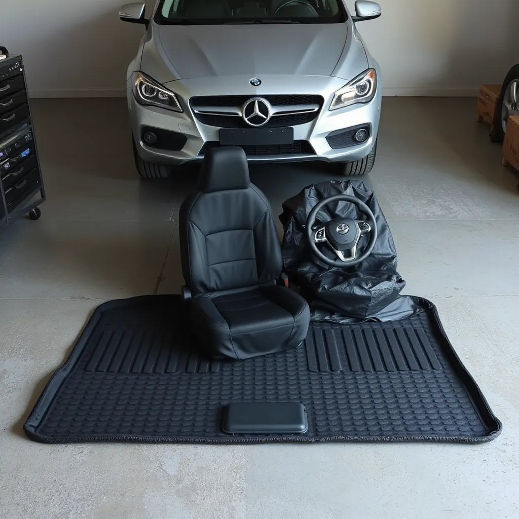 Premium car accessories laid out on a workbench for comfort and protection upgrades