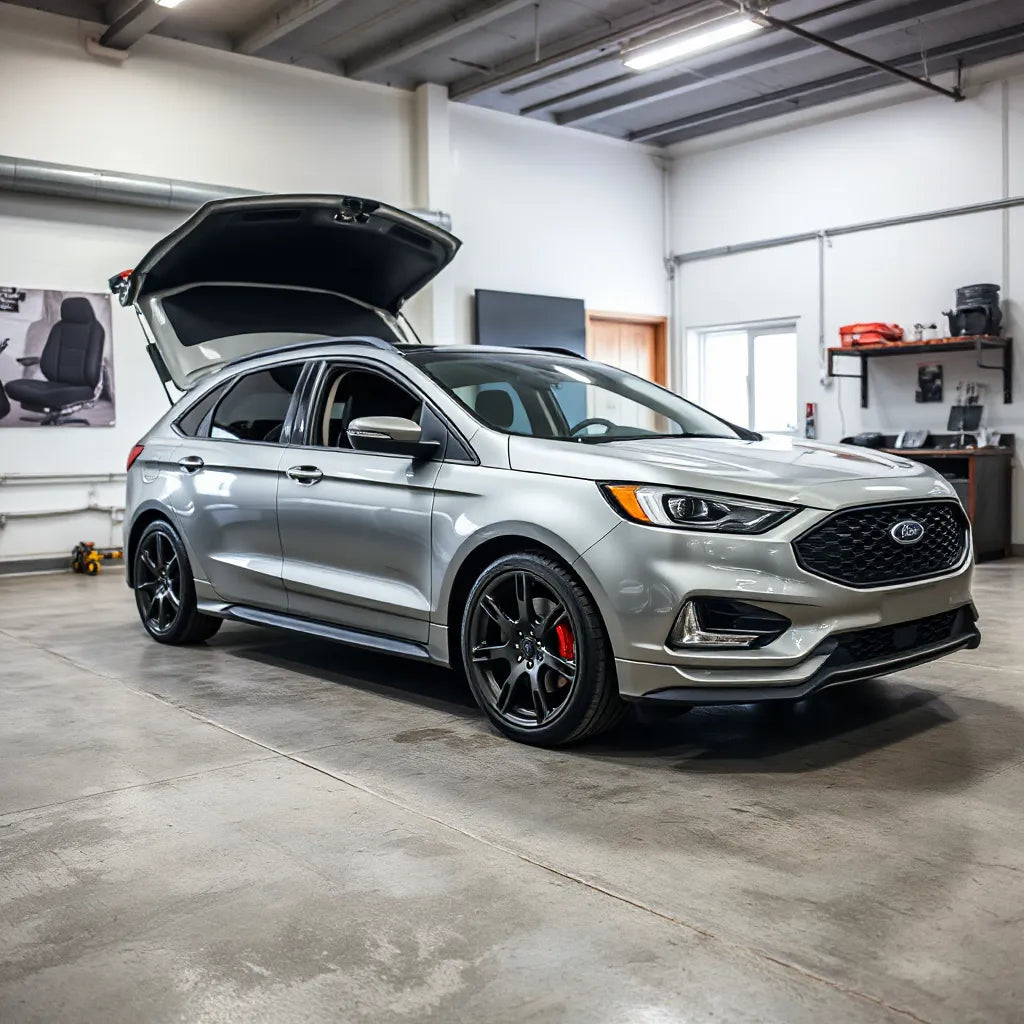 Ford vehicle in a garage with visible aftermarket wheels, suspension, and interior upgrade accessories