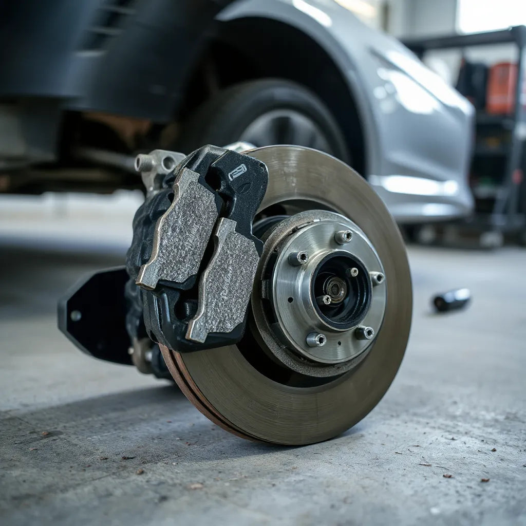 High performance brake pads and brake caliper mounted on a rotor in a clean workshop setting