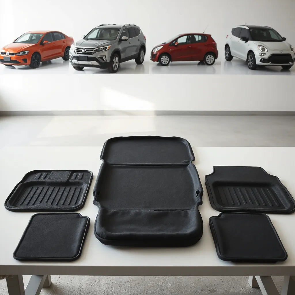 Custom-fit car interior accessories arranged for different vehicle models on a clean surface