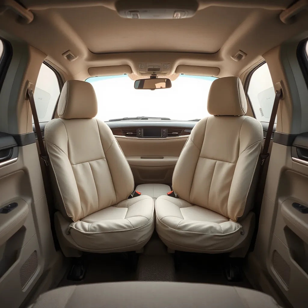 SUV interior showing front seats with fitted protective seat covers in neutral tones