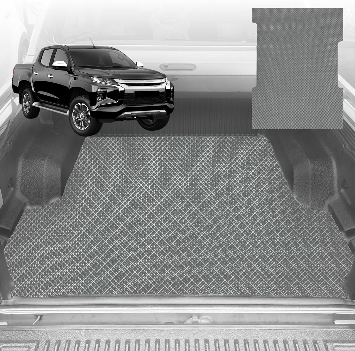 6D Diamond Ute Tub Mat for Mitsubishi Triton Club Cab (MQ MR) 2015-2023 (with Spray on Liner or no Liner) - Black & Grey - 0