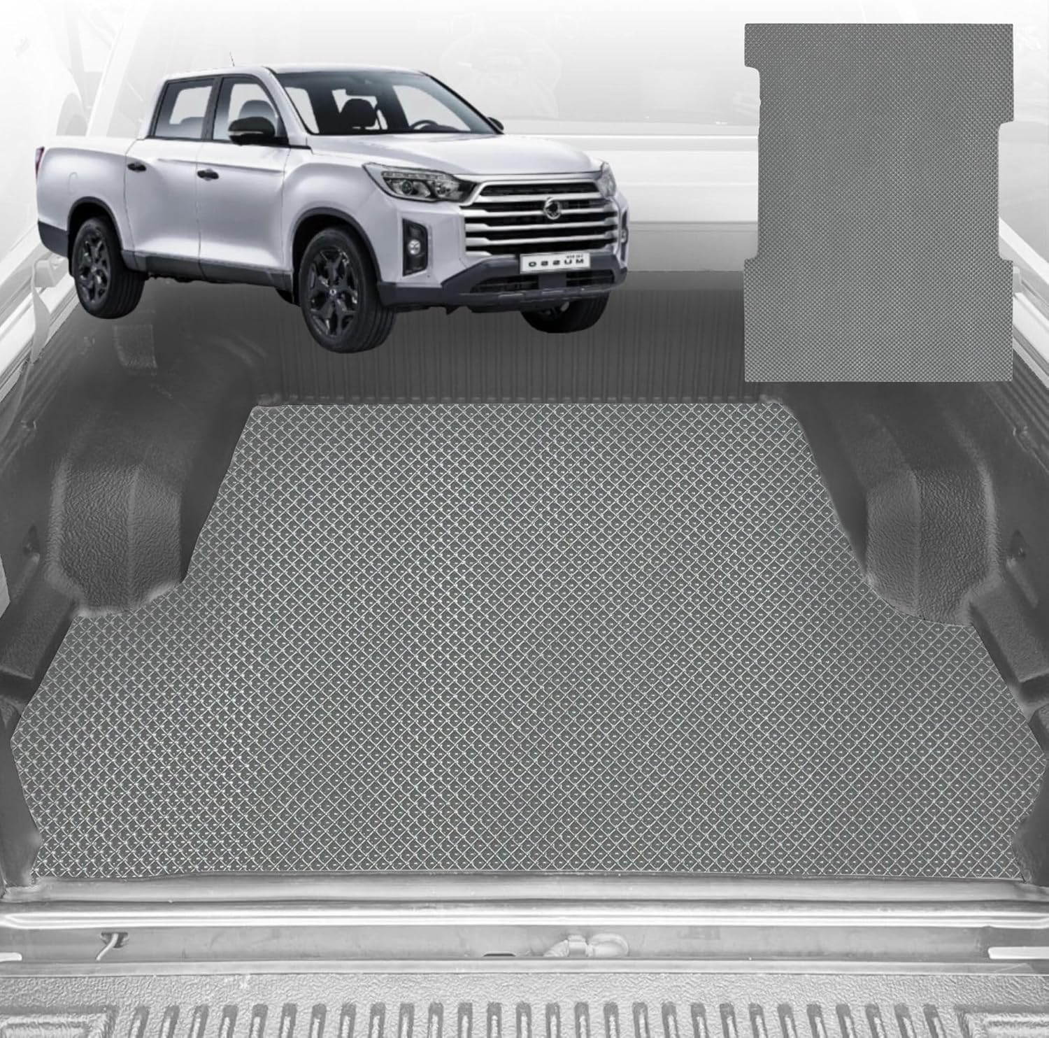 6D Diamond Ute Tub Mat for SsangYong Musso Dual Cab 2018-Current (with Factory Plastic Tub Liner) - Black & Grey - 0