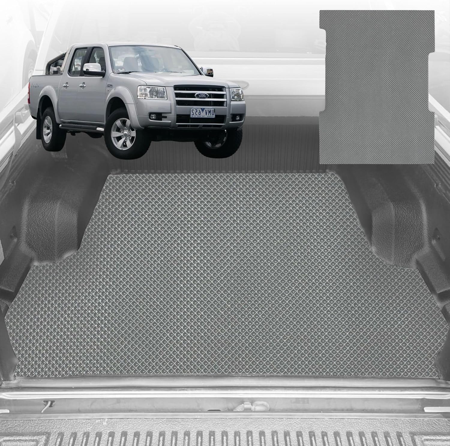 6D Diamond Ute Tub Mat for Ford Ranger (PJ-PK) Super Cab 2006-2011 (with Spray On Liner or No Liner) - Black & Grey - 0