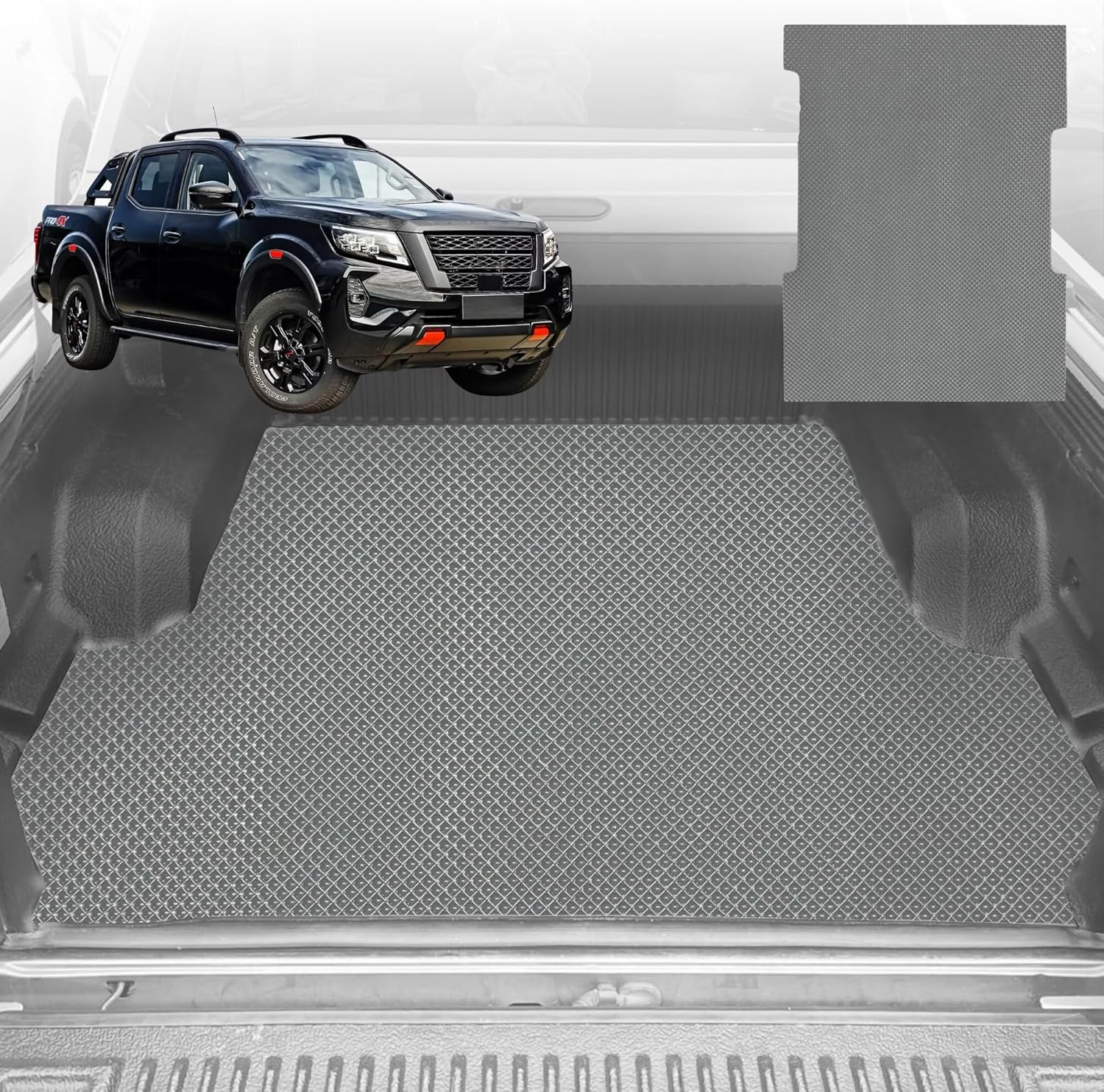 6D Diamond Ute Tub Mat for Nissan Navara Dual Cab Pro-4X 2022-Current (with Factory Plastic tub Liner) - Black & Grey - 0