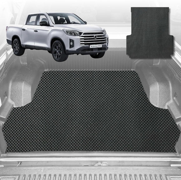 6D Diamond Ute Tub Mat for SsangYong Musso Dual Cab 2018-Current (with Factory Plastic Tub Liner) - Black & Grey