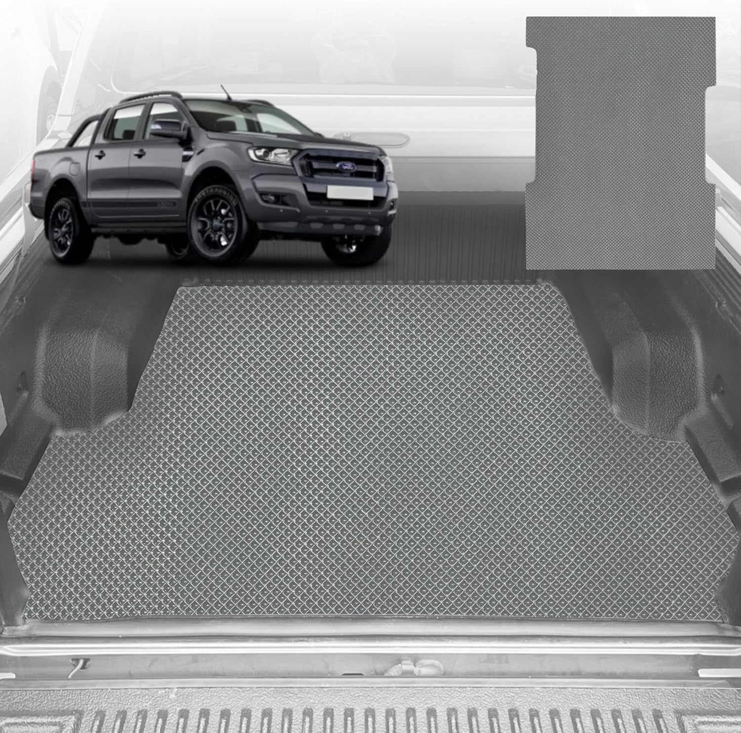 6D Diamond Ute Tub Mat for Ford Ranger (PX2 Dual Cab Ute) 2015-2018 (with Spray on Liner or no Liner) - Black & Grey - 0