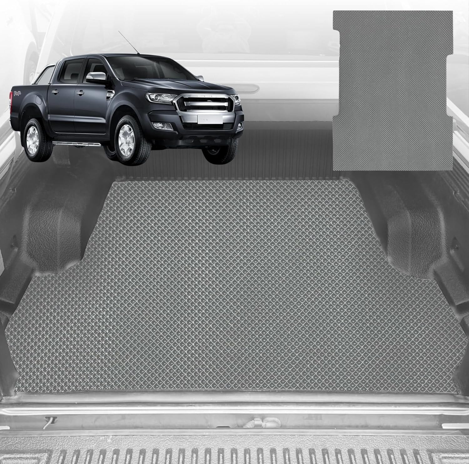 6D Diamond Ute Tub Mat for Ford Ranger (PX Dual Cab Ute) 2012-2015 (with Plastic tub Liner) - Black & Grey - 0