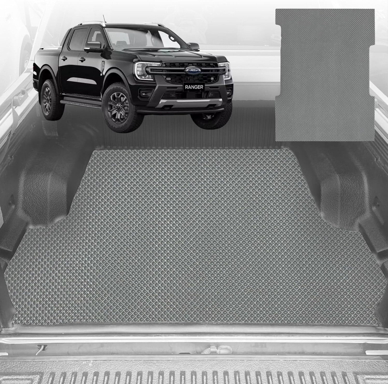 6D Diamond Ute Tub Mat for Ford Ranger Dual Cab 2022-Current (with Spray On Liner or No Liner) - Black & Grey - 0