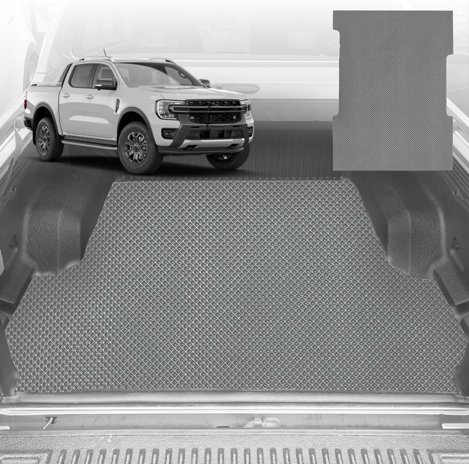 6D Diamond Ute Tub Mat for Ford Ranger (PX3 Dual Cab Ute) 2018-2022 (with Spray on Liner or no Liner) - Black & Grey - 0