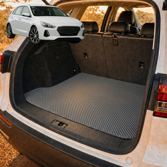 6D Diamond Car Boot Cargo Mat for Hyundai i30 2017 - 2021 (PD Hatch/Fastback) - Heavy Duty Carpet Liner - All-Weather Resistance - Easy to use - Odorless Material - Black & Grey