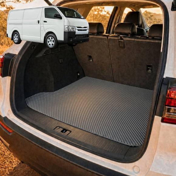 6D Diamond Car Boot Cargo Mat for Toyota Hiace Van 2005 - 2019 (LWB) - Heavy Duty Carpet Liner - All-Weather Resistance - Easy to use - Odorless Material - Black & Grey