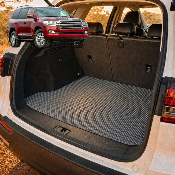 6D Diamond Car Boot Cargo Mat for Toyota LandCruiser 200 2012 - 2021 (Sahara) - Heavy Duty Carpet Liner - All-Weather Resistance - Easy to use - Odorless Material - Black & Grey