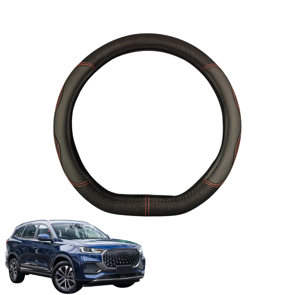 Steering Wheel Cover for Chery Tiggo 8 Pro Max 2024 - Current (T31) Elite, Urban, Ultimate - Black Microfiber Leather - D-Shape 38 cm