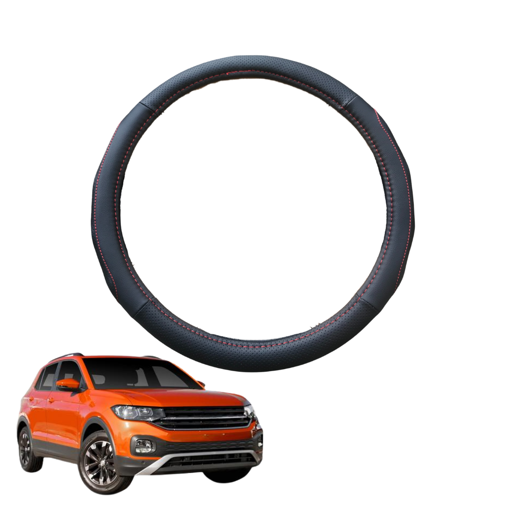 Steering Wheel Cover for VolksWagen T-Cross 2020 - Current (C1) - Black Microfiber Leather - Circle 38 cm