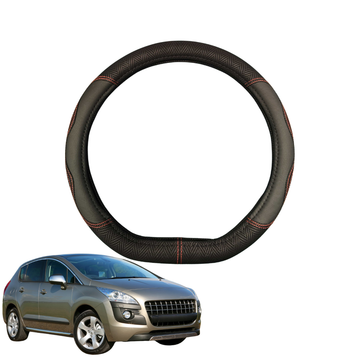 Steering Wheel Cover for Peugeot 3008 SUV 2007 - 2017 (T8) - Black Microfiber Leather - D-Shape 38 cm
