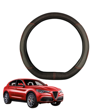 Steering Wheel Cover for Alfa Romeo Stelvio 2017 - Current (949) - Black Microfiber Leather - D-Shape 38 cm