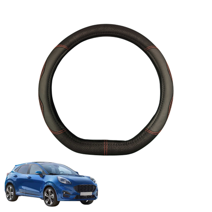 Steering Wheel Cover for Ford Puma 2019 - Current JK - Black Microfiber Leather - D-Shape 38 cm