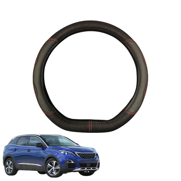 Steering Wheel Cover for Peugeot 3008 SUV 2017 - Current (P84) - Black Microfiber Leather - D-Shape 38 cm