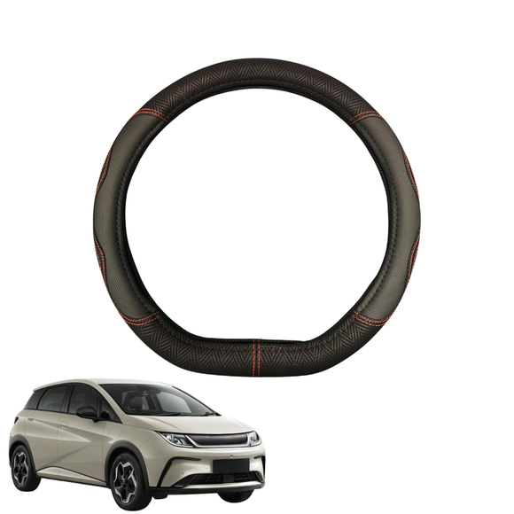 Steering Wheel Cover for BYD Dolphin 2023 - Current (Dynamic,Premium) - Black Microfiber Leather - D-Shape 38 cm