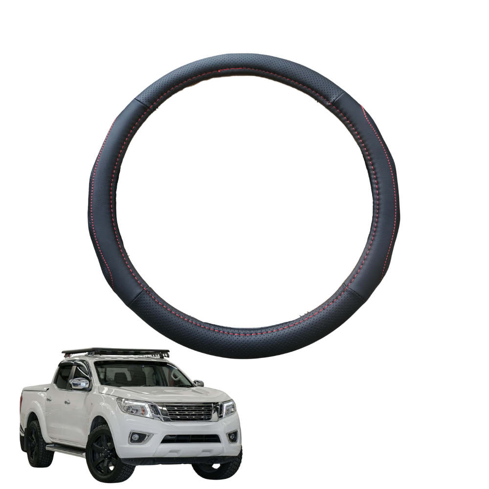 Steering Wheel Cover for Nissan Navara Dual Cab 2015 - Current (NP300/D23 STX without rear cupholder) - Black Microfiber Leather - Circle 38 cm