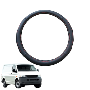 Steering Wheel Cover for VolksWagen Transporter 2004 - Current (T4, T5, T5 Facelift, T6, T6.1) - Black Microfiber Leather - Circle 38 cm