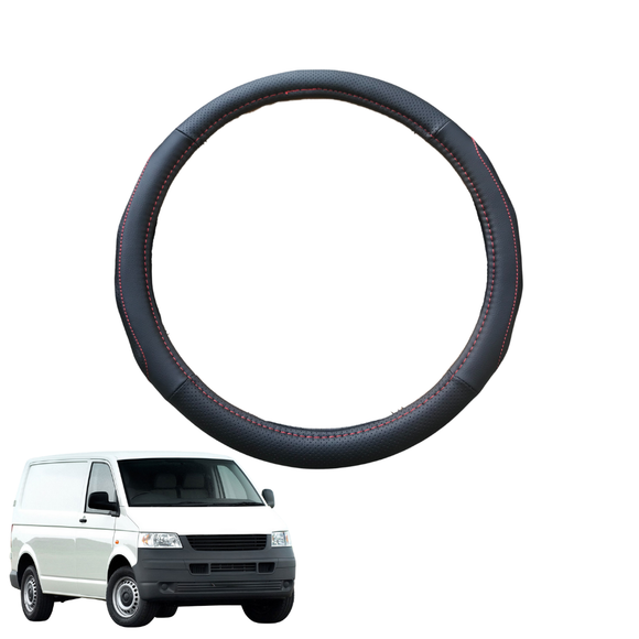 Steering Wheel Cover for VolksWagen Transporter 2004 - Current (T4, T5, T5 Facelift, T6, T6.1) - Black Microfiber Leather - Circle 38 cm
