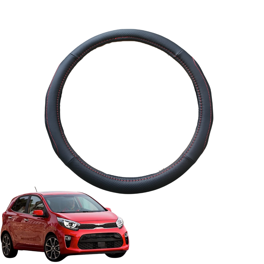 Steering Wheel Cover for Kia Picanto 2017 - Current (JA) - Black Microfiber Leather - Circle 38 cm