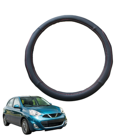Steering Wheel Cover for Nissan Micra 2010 - 2017 (K13) - Black Microfiber Leather - Circle 38 cm