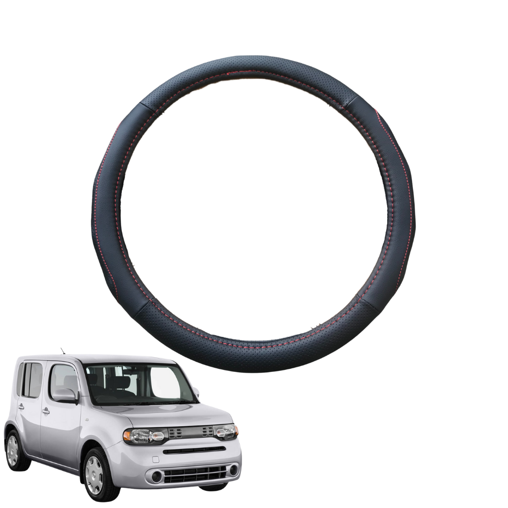 Steering Wheel Cover for Nissan Cube 2009 - 2019 Z12 - Black Microfiber Leather - Circle 38 cm