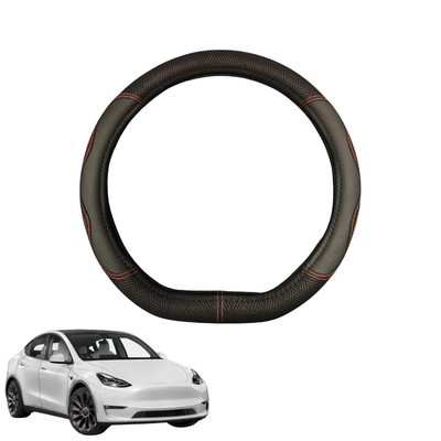 Steering Wheel Cover for Tesla Model Y 2022 - Current - Black Microfiber Leather - D-Shape 38 cm