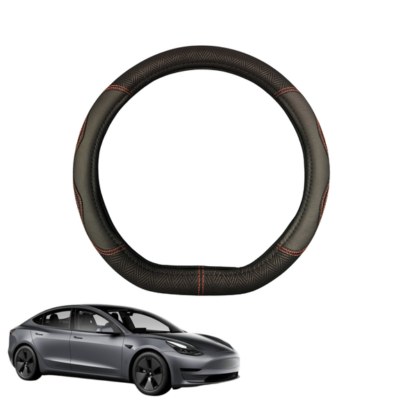 Steering Wheel Cover for Tesla Model 3 2017 - 2023 - Black Microfiber Leather - D-Shape 38 cm