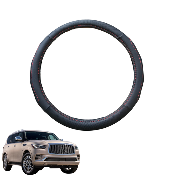 Steering Wheel Cover for Infiniti QX80 2015 - 2020 Y62 - Black Microfiber Leather - Circle 38 cm