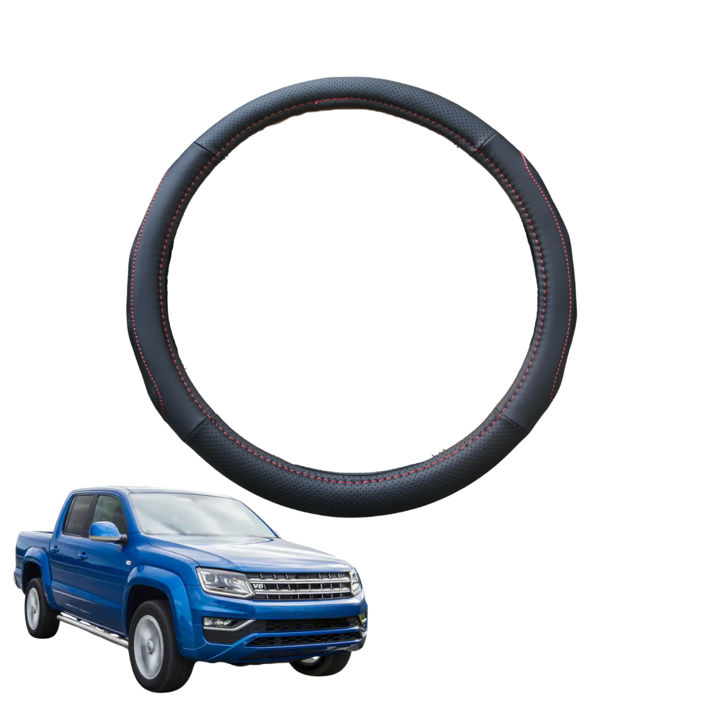 Steering Wheel Cover for VolksWagen Amarok Dual Cab 2010 - 2022 2H, 2H Facelift - Black Microfiber Leather - Circle 38 cm
